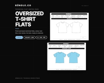 T Shirt Flat Sketch Template | Oversized Tee Technical Flat Front and Back | Editable Fashion CAD for Tech Packs | Ai SVG PDF