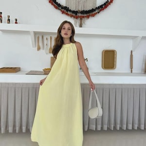Women Halter Neck Linen Midi Dress - Tie Back Comfortable Summer Dres