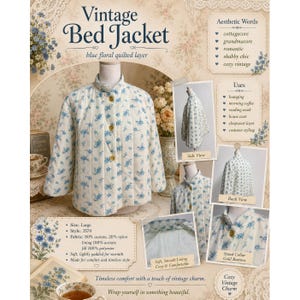 May include: A cream-colored quilted bed jacket featuring a blue floral pattern, a stand collar, and gold buttons. The garment includes a soft lining, long sleeves, and a button-front closure. Text on the image includes Vintage Bed Jacket.