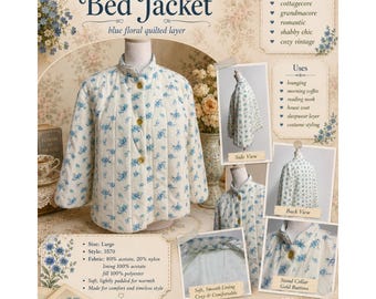 JCPenney Bed Jacket White Blue Floral Womens L Quilted Vintage Cottagecore