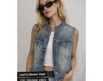 Levi Strauss Signature Denim Vest Womens Medium Wash Y2K Grunge Biker Western