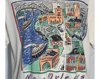Vintage 90s New Orleans Graphic Tee Hanes USA Distressed Tourist Shirt M
