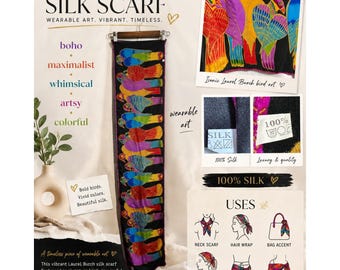 Laurel Burch Scarf Multicolor Bird Print Womens 100% Silk Art To Wear Boho Color