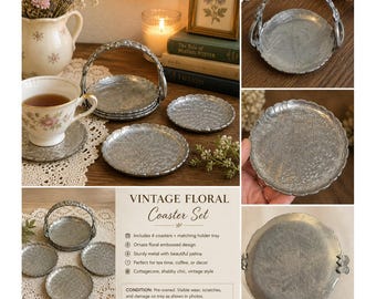 Vintage Floral Metal Coaster Set Holder Tray Embossed Aluminum Shabby Chic