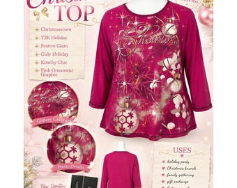 Top Pink Christmas Graphic Womens XL Ornament Rhinestone 3 4 Sleeve Y2K Holiday