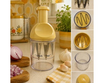 Quick Chop Manual Food Chopper Yellow Vintage Kitchen Gadget Onion Veggie Retro