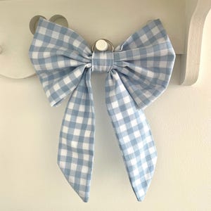 Fabric Bow, baby blue gingham material, Hanging Fabric Bow, Bow Decoration, Gingham Bow