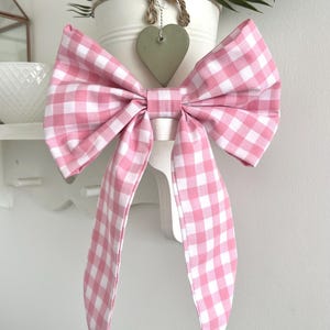 Fabric Bow, baby pink gingham material, Hanging Fabric Bow, Bow Decoration, Gingham Bow