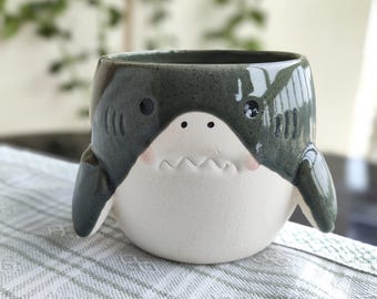 Ceramic Cute Shark Mug Set: Cute Shark Coffee Cup, Ocean Animal Mug, Funny Tea Cup, Unique Shark Lover Gift, Coastal Kitchen Decor