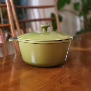 May include: A pale green cast iron casserole dish with a lid and side handles. The pot is on a wooden table. The background features wooden chairs and a blurred view of a plant. The pot is approximately 25 cm in diameter.