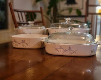 Juego de cacerolas vintage Corning Ware: Colección Iris, utensilios para hornear con tapas (elija el tamaño)
