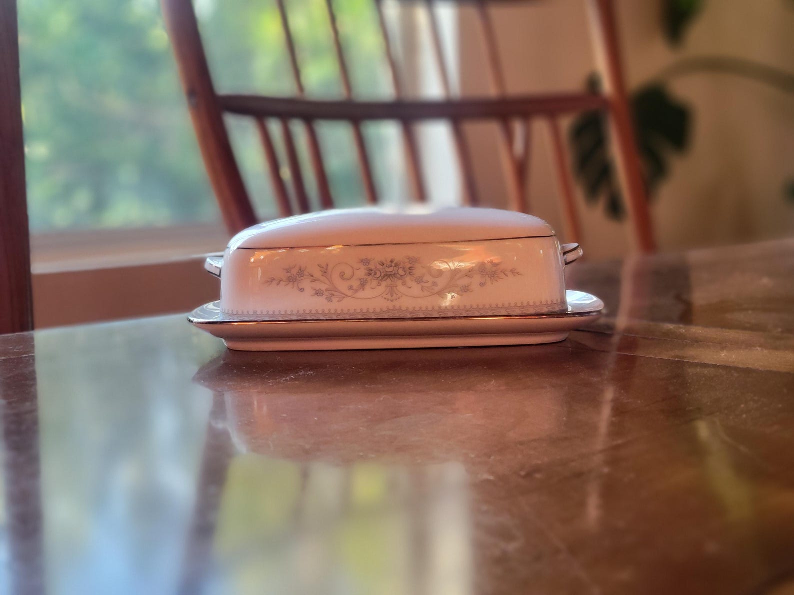 Vintage Noritake Japan Covered Butter Dish – White Porcelain with Blue Floral & Platinum Trim