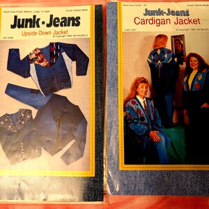 May include: Two vintage sewing pattern packets for "Junk-Jeans" jackets. One is for an "Upside-Down Jacket" and the other is for a "Cardigan Jacket." The packets feature images of the finished garments and are in a denim-like design.