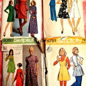 May include: A collection of vintage Simplicity sewing patterns. The patterns feature illustrations of dresses, jumpsuits, and other garments from the 1970s. The patterns are in various sizes and styles, with text that reads "How to Sew Pattern".