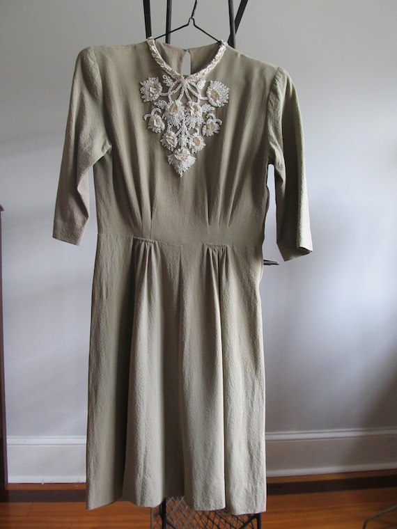 1930's Dress Late  Grey-Green Beautiful White Seq… - image 2