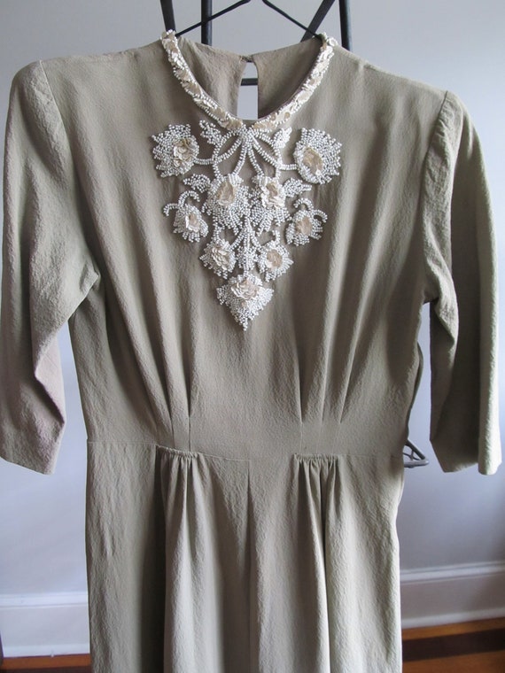 1930's Dress Late  Grey-Green Beautiful White Sequ