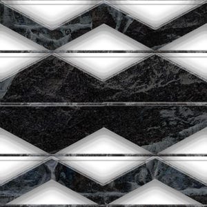 Può includere: Un motivo geometrico per piastrelle con segmenti in marmo nero venato di bianco, intervallati da accenti a forma di diamante bianco brillante. Il testo nell'angolo in alto a sinistra recita: LUXURY GEOMETRIC TILE, Seamless Surface Pattern, Modern Elegant Timeless.