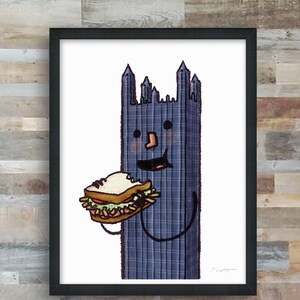May include: A cartoon illustration of a skyscraper with a face eating a sandwich. The skyscraper is blue and white with a plaid pattern. The sandwich is brown and white with lettuce and tomato.