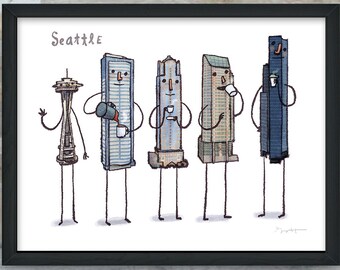 Seattle skyline drinking coffee, giclée fine art print