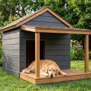 Puede incluir: Una caseta para perros gris con techo y molduras marrones sobre césped verde. Un perro golden retriever descansa en el porche de madera. La caseta tiene un porche cubierto y una pequeña puerta.