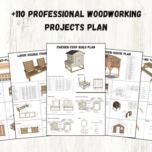 May include: A collection of woodworking project plans, including a castle bed, large double chair, chicken coop, and picnic table. The image includes the text "+110 PROFESSIONAL WOODWORKING PROJECTS PLAN" and a "75 OFF" badge.