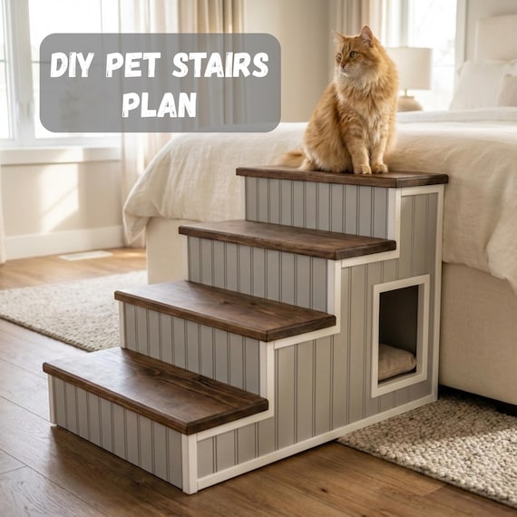 猫ちゃんワンちゃんの木製階段（手作り） DIYペット用階段設計図PDF｜犬猫用ベッド階段木工設計図｜室内ペット用