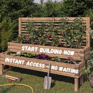 May include: A two-tiered wooden raised garden bed filled with plants and vegetables. The top level has a wooden trellis. The text "START BUILDING NOW" and "INSTANT ACCESS - NO WAITING" are displayed on the garden bed.