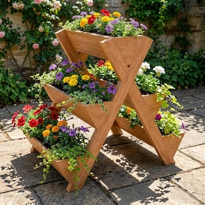 Planos de jardinera vertical de 5 niveles (PDF) | Torre de jardín alta y soporte para hierbas | Planos de bancal elevado de 5 cajas (DIY) con lista de cortes