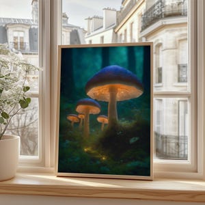 Ethereal Glowing Mushrooms Print | Magical Forest Wall Art | Bioluminescent Fungi Poster | Whimsical Digital Download