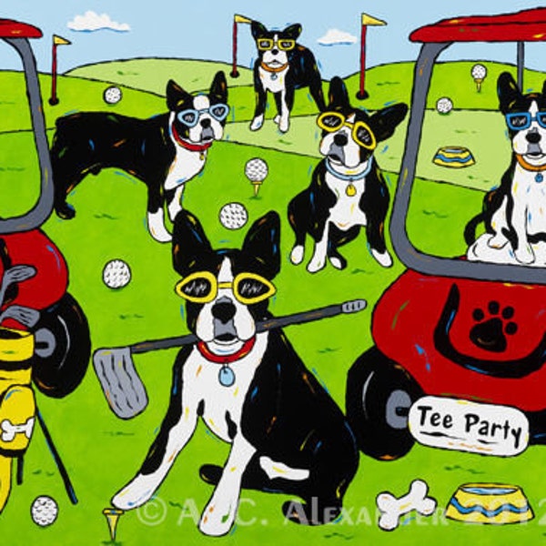 Boston Tee Party, Boston Terriers Playing Golf Contemporary Dog Art Print by Angela Alexander