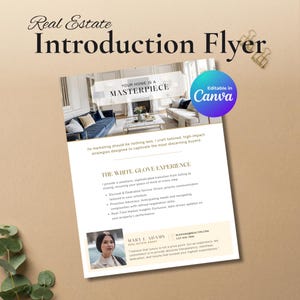Puede incluir: Un folleto de presentación de bienes raíces con el texto "Real Estate Introduction Flyer" en la parte superior. El folleto incluye una foto de una sala de estar y el texto "Your Home Is A Masterpiece" y "Editable in Canva".
