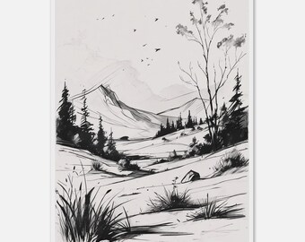 Könnte beinhalten: Schwarz-Weiß-Kunstdruck mit einer Bergkette, Bäumen und einem Tal. Das Kunstwerk hat einen minimalistischen Stil mit feinen Linien und einem monochromen Farbschema. Vögel fliegen am Himmel.