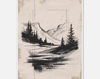 Könnte beinhalten: Schwarz-Weiß-Tuschezeichnung einer Berglandschaft mit Bäumen und Wasser. Das Kunstwerk ist minimalistisch, mit Fokus auf Linien und Schattierungen. Der Hintergrund ist hellbeige.