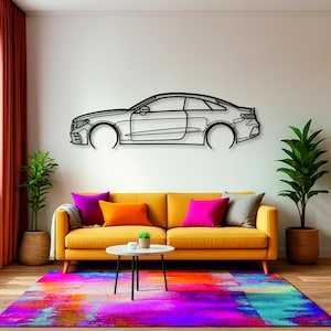 May include: A black metal car outline wall art decor is mounted above a yellow sofa with colorful pillows. A vibrant, multi-colored rug and potted plants complete the room's decor. The car outline is a sleek, modern design.