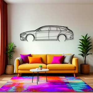 May include: A black metal car outline wall art decor above a yellow sofa with colorful pillows. The room features a vibrant rug, potted plants, and a small table. The car outline is a modern, minimalist design.