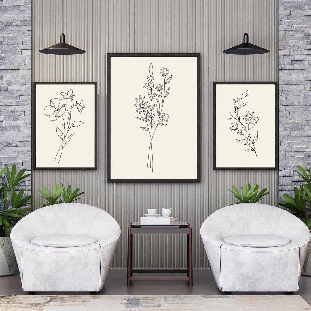 Floral Line Art Print | Set of 3 Wall Art | Modern Home Decor Digital ...