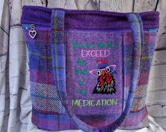 Zabawna torba z kurczakiem, fioletowa krata Harris Tweed, szalona dama z kurczakiem, nowość w postaci torebki na prezent