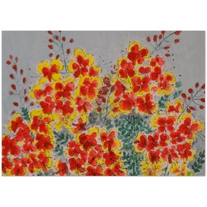 May include: Watercolor painting of vibrant red and yellow flowers with green foliage against a light gray background. The flowers have a delicate, layered appearance, with fine black outlines. The artwork evokes a sense of natural beauty and botanical art.