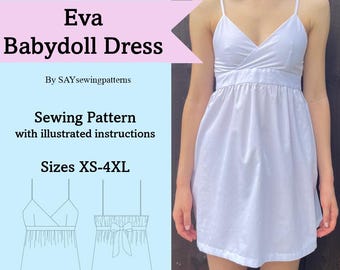 Mönster för Eva Babydoll-klänning | Storlek XS-4XL (PDF-mönster)
