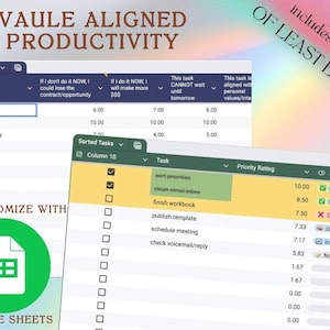 May include: A digital productivity template with task prioritization and Google Sheets integration. The image shows a spreadsheet with columns for tasks, priority ratings, and status, with the text "VAULE ALIGNED PRODUCTIVITY" at the top.