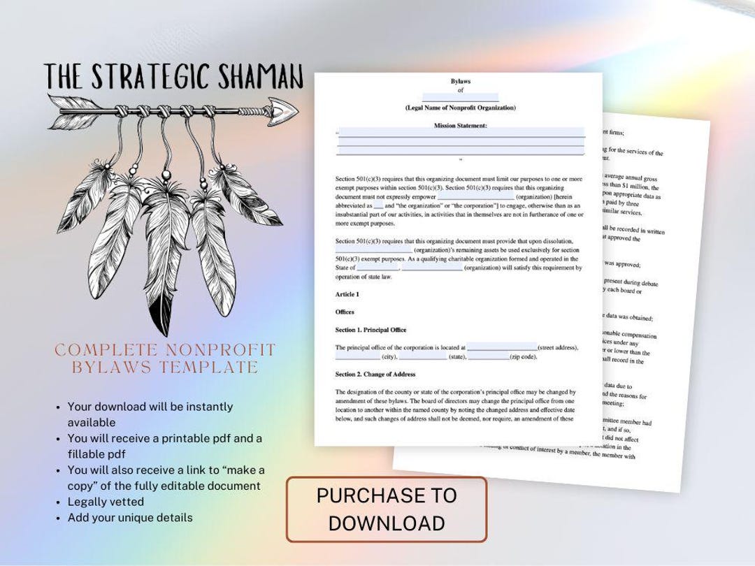 General Nonprofit Bylaws Template (27 Pages) — Printable, Fillable, and