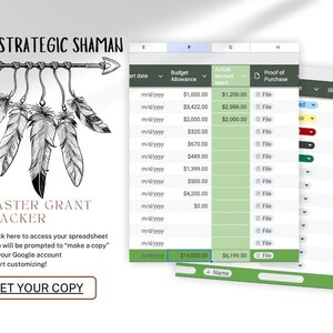 Op de afbeelding: Een digitale spreadsheet met de titel "Master Grant Tracker" met een op de inheemse bevolking geïnspireerde pijl- en veergrafiek. De spreadsheet toont financiële gegevens, met de tekst "Get Your Copy" onderaan.