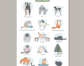 Cat Yoga Poster Funny - Cute Cat Yoga Poses Chart, Gift for Yoga Lover, Cat Lover Art Print, Yoga Studio Decor Wall Art