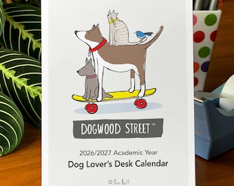 2026-2027 Funny Dog Desk Calendar, Academic Year, Hand-drawn Illustrations, Teacher Gift