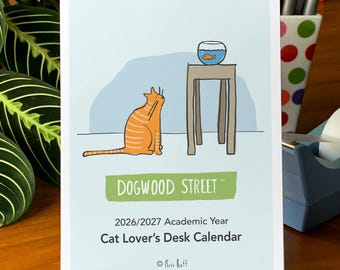 2026-2027 Funny Cat Desk Calendar, Academic Year, Hand-drawn Illustrations, Teacher Gift