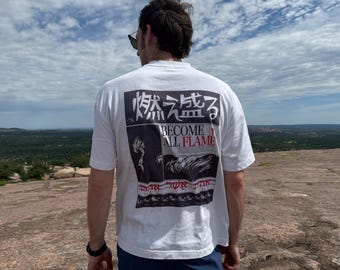 Koszulka Become All Flame, japońska koszulka z grafiką hebrajską, Faith Streetwear II