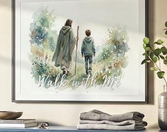 Walk with Me, Jesus and boy Watercolor Wall Art, Religious (Digital File)