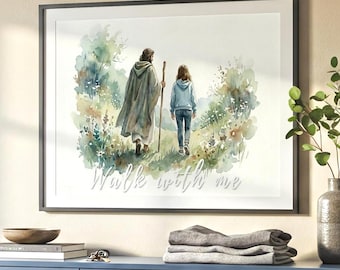 Walk with Me, Jesus and girl Watercolor Wall Art, Religious (Digital File)