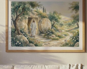 Easter He is Risen Christian wall art Jesus emerges from the tomb Watercolor printable religious landscape  Digital File