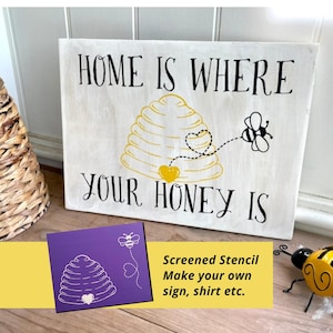 Beehive & Heart Trail Bee silk screen stencil, for Chalk paste signs, DIY Home decor.